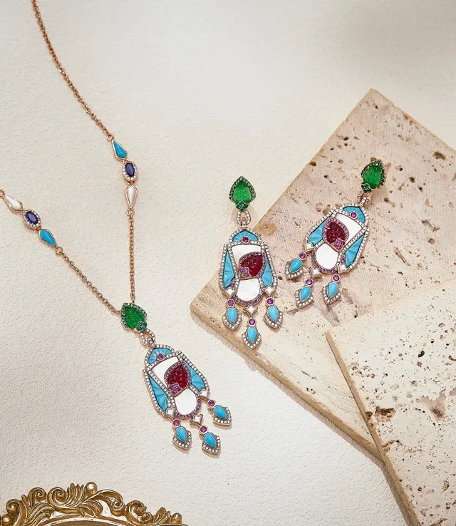 Multistone Enamel-Inlaid Chandelier Earrings 3