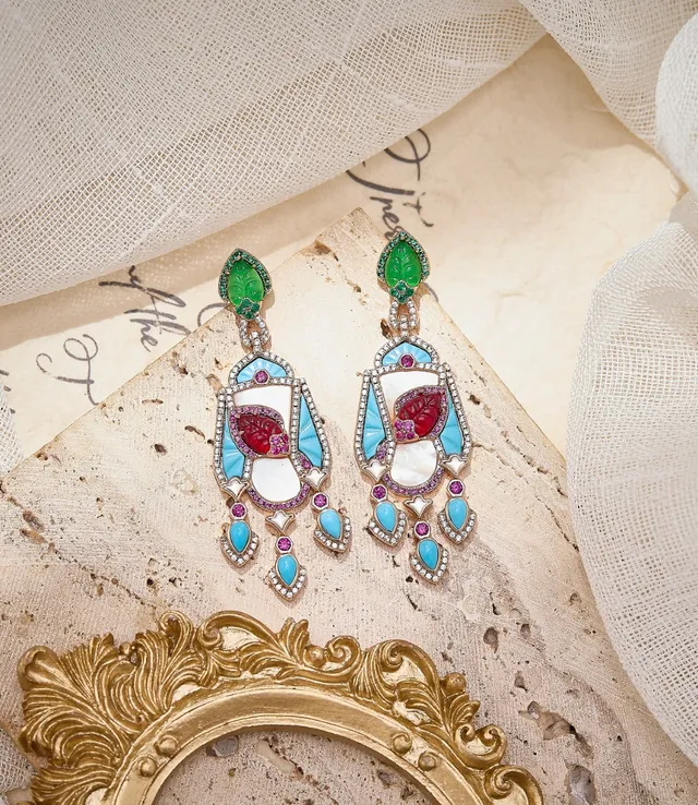 Multistone Enamel-Inlaid Chandelier Earrings 5