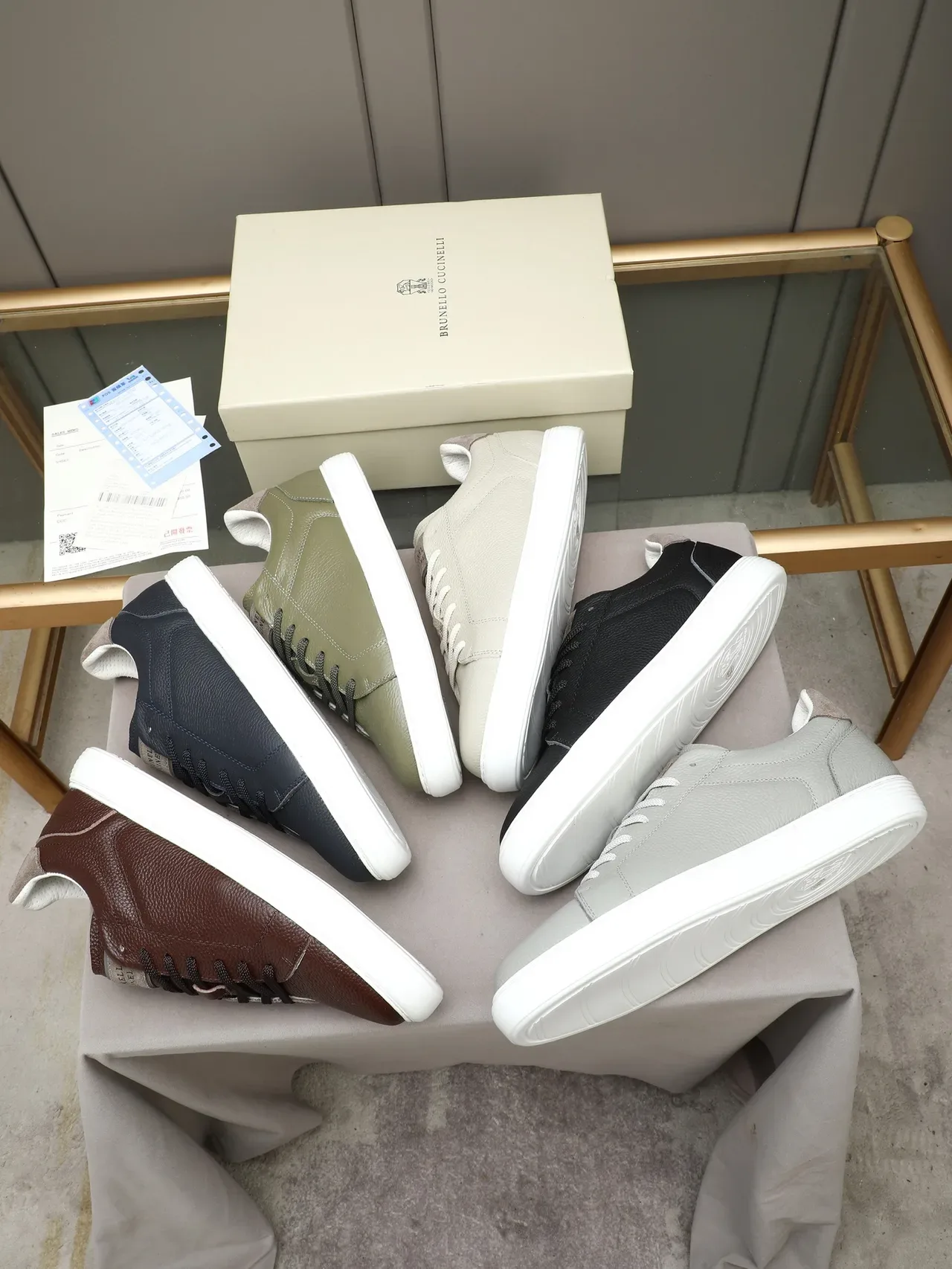 Navy Beige Pebbled Leather Upper White Cupsole Sneakers 2