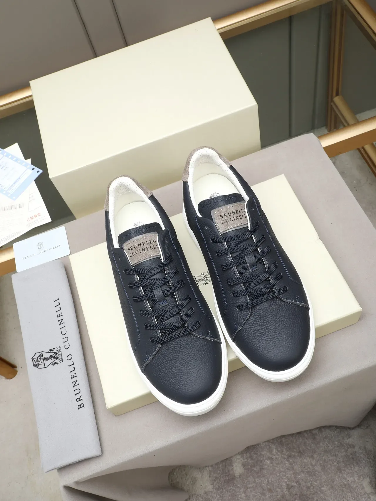 Navy Beige Pebbled Leather Upper White Cupsole Sneakers 3