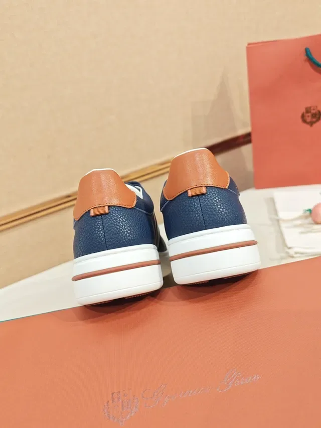 Navy Brown Pebbled Leather Upper Tan Contrast Stripe And Heel Tab Sneakers 2