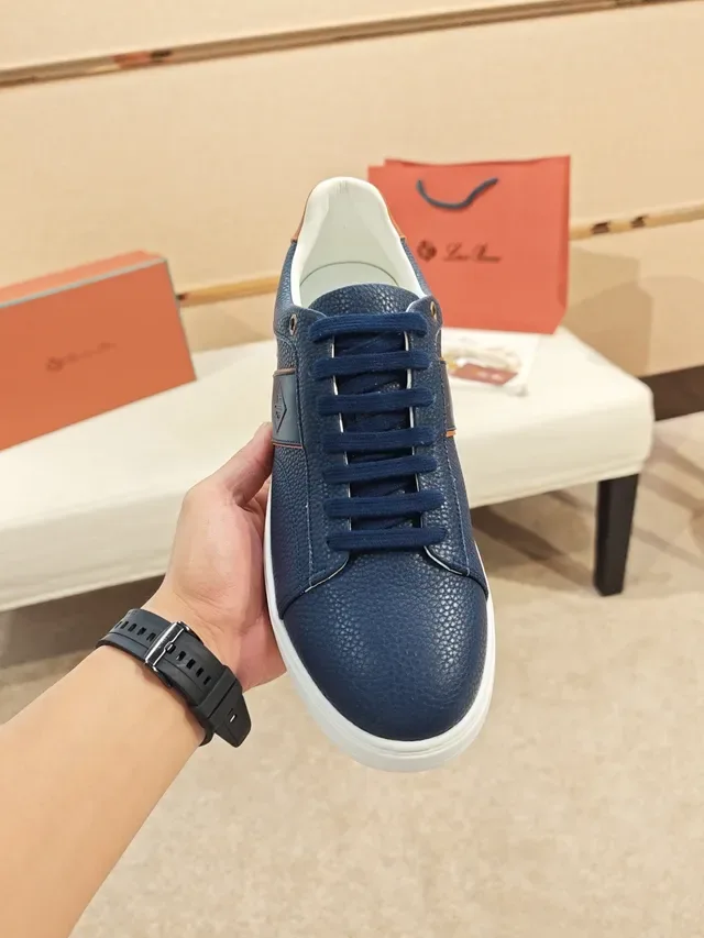 Navy Brown Pebbled Leather Upper Tan Contrast Stripe And Heel Tab Sneakers 4