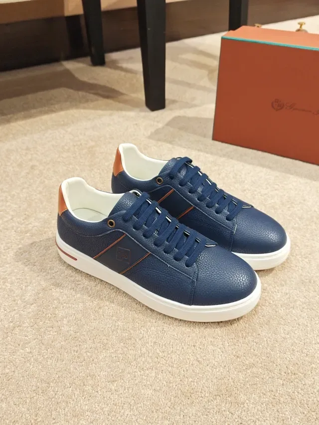 Navy Brown Pebbled Leather Upper Tan Contrast Stripe And Heel Tab Sneakers 5