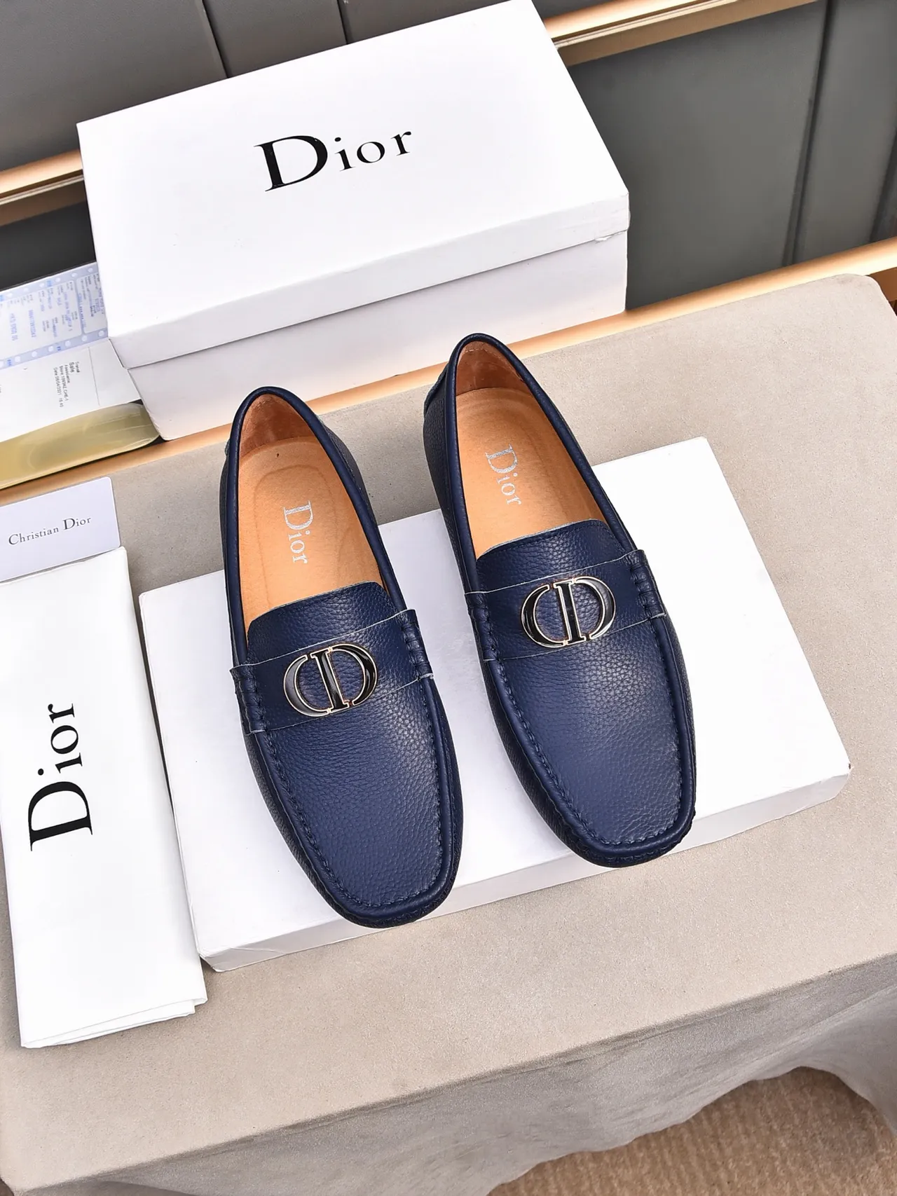 Navy Gold Pebbled Leather Metal Horsebit Ornament Loafer 3