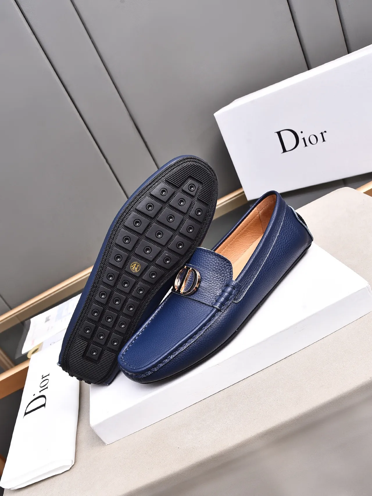 Navy Gold Pebbled Leather Metal Horsebit Ornament Loafer 4