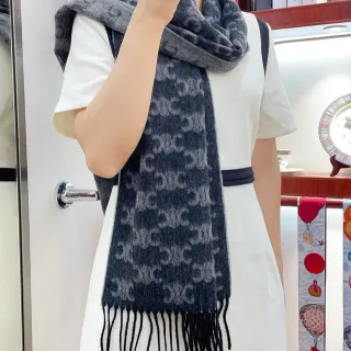 Navy Gray Monogram-Patterned Fringed Ends Cashmere Scarf