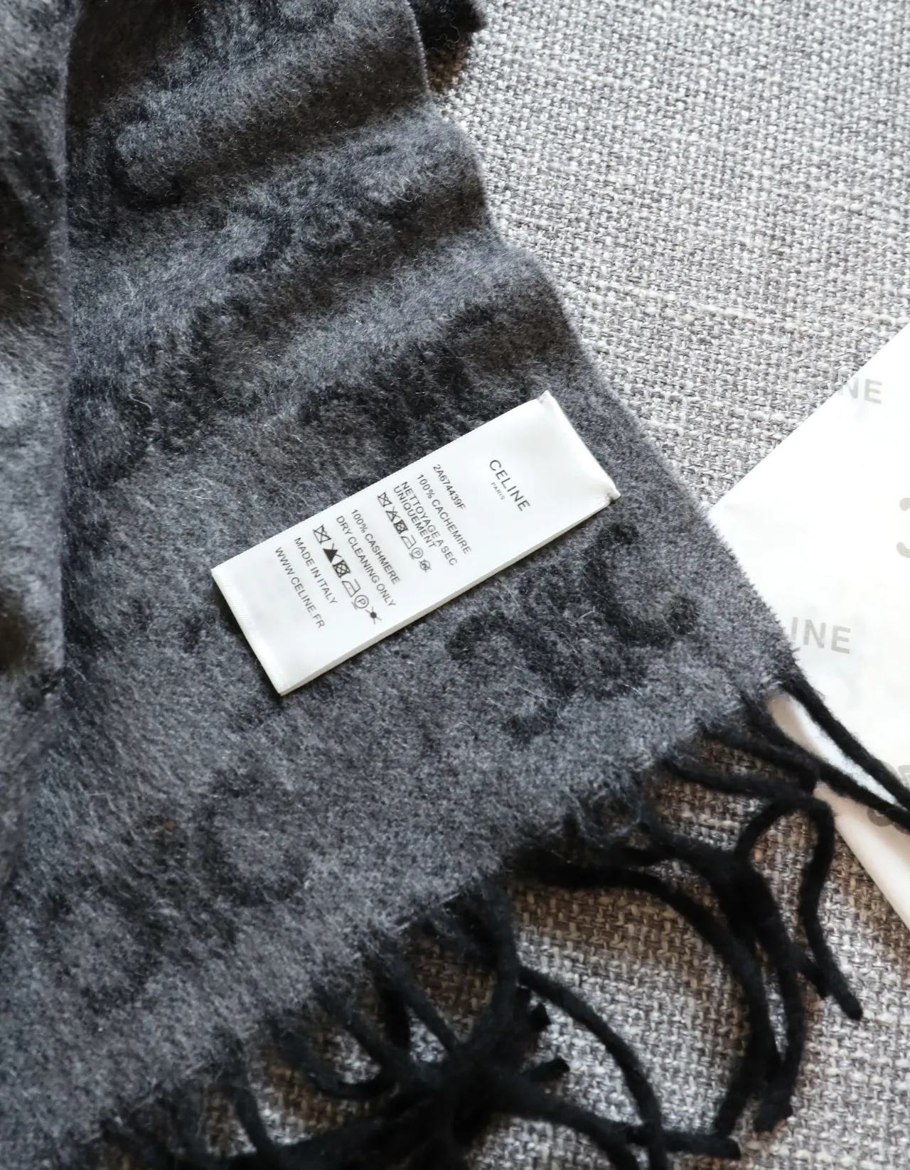 Navy Gray Monogram-Patterned Fringed Ends Cashmere Scarf 3
