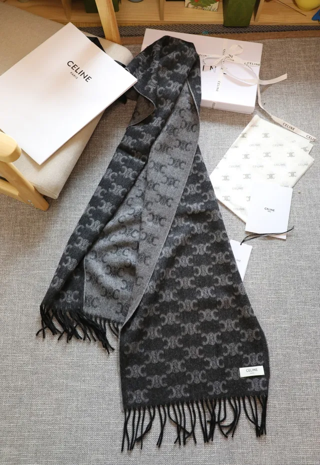 Navy Gray Monogram-Patterned Fringed Ends Cashmere Scarf 4