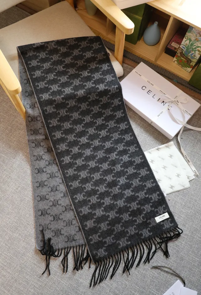 Navy Gray Monogram-Patterned Fringed Ends Cashmere Scarf 5