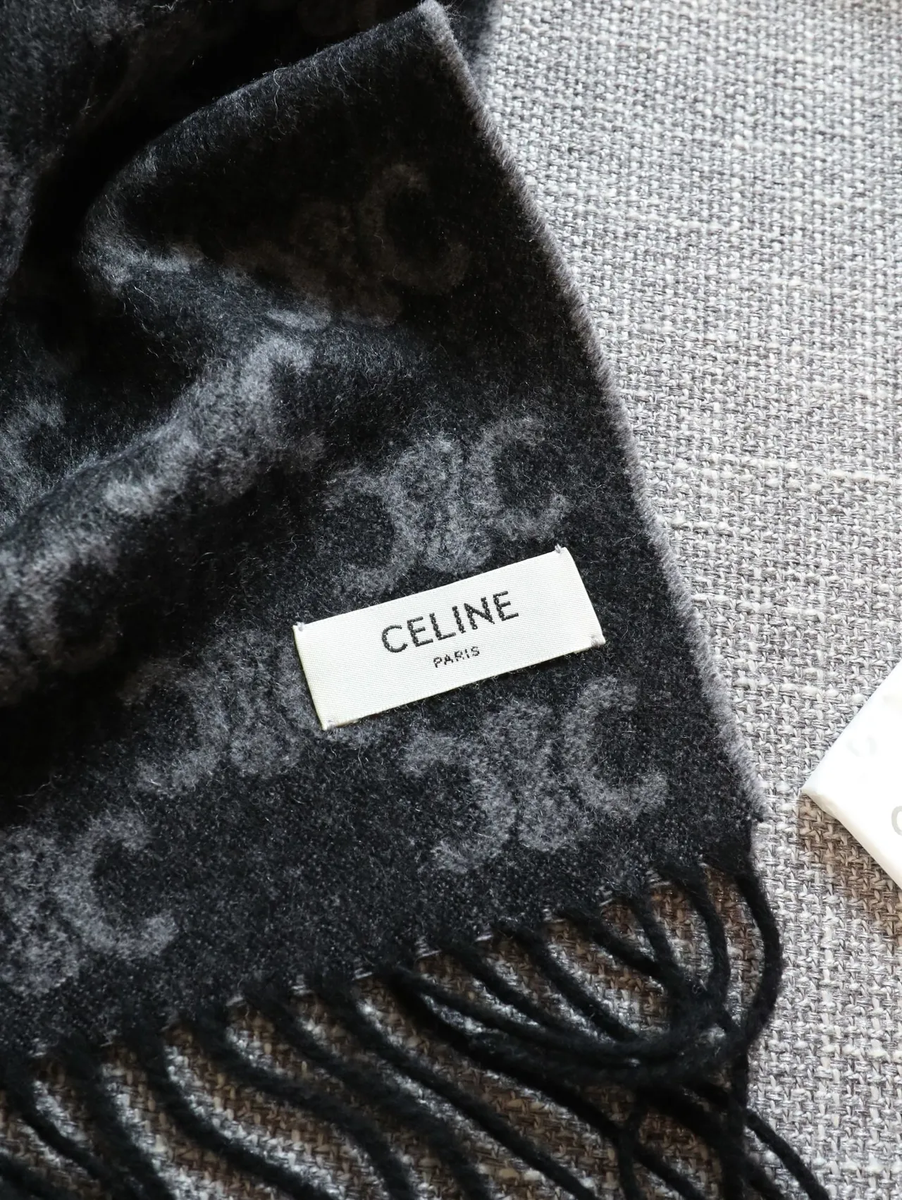 Navy Gray Monogram-Patterned Fringed Ends Cashmere Scarf 9