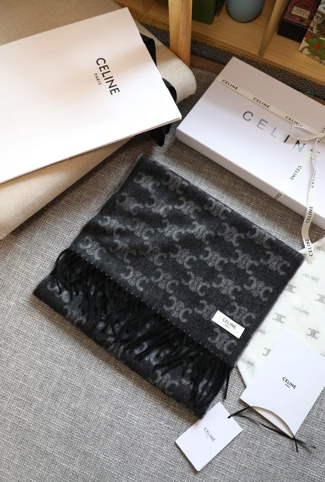 Navy Gray Monogram-Patterned Fringed Ends Cashmere Scarf 6