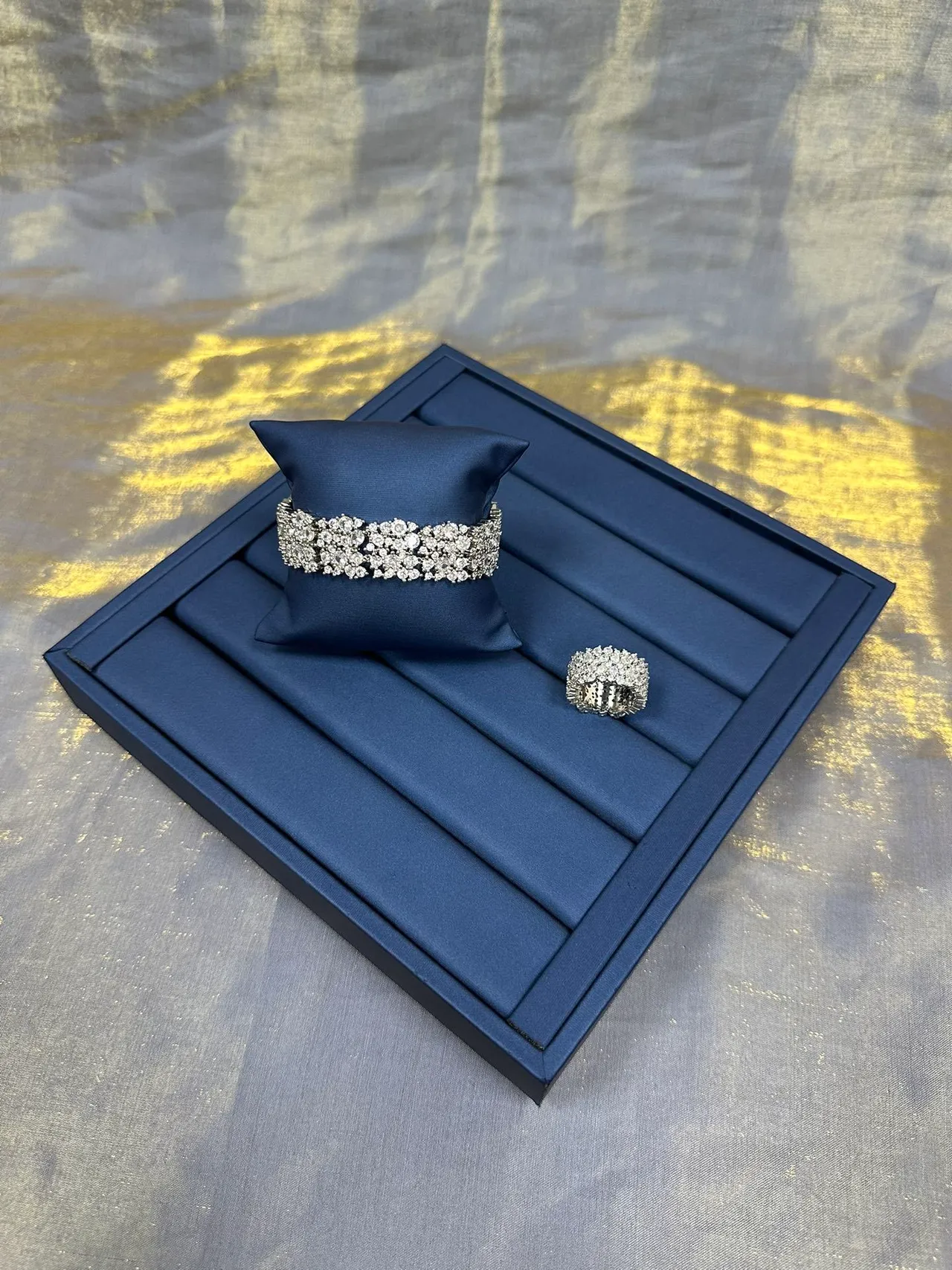 Navy Silver Blue Velvet-Lined Segmented Grooved Tray Jewelry 5