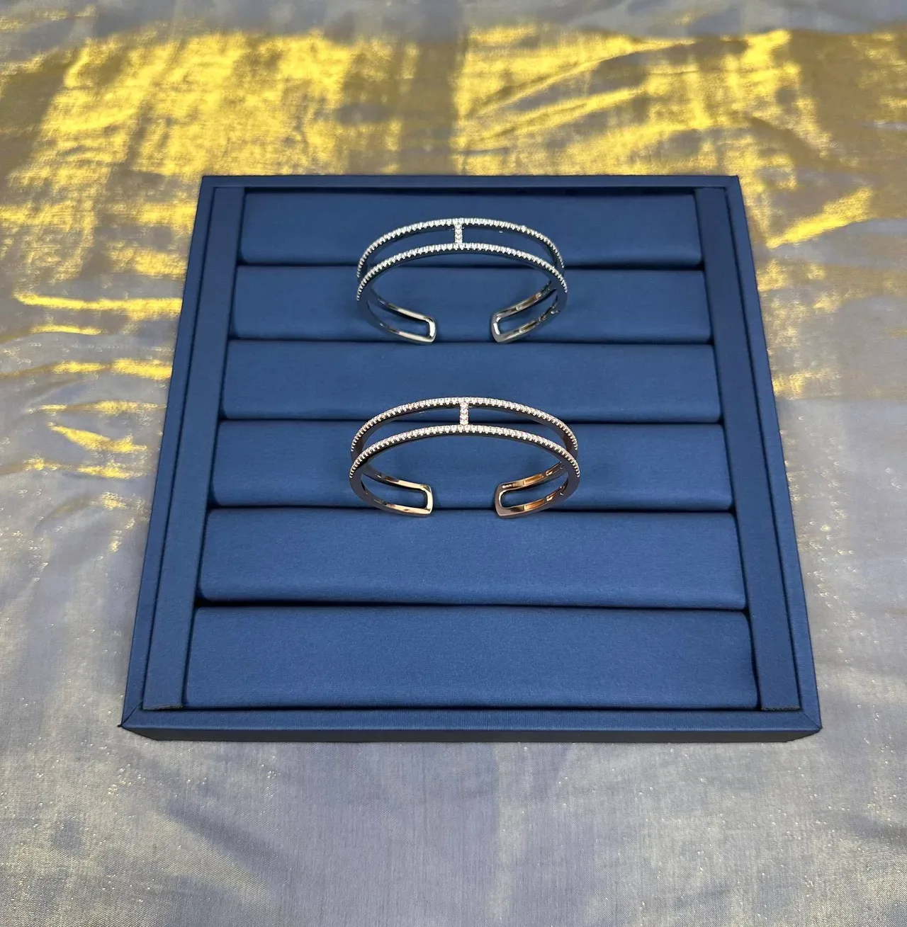 Navy Silver Double-Band Pavé-Set Bracelet 7