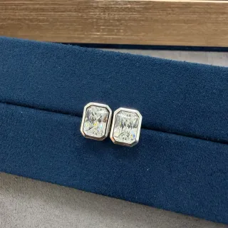 Navy Silver Rectangular Emerald-Cut Stones Bezel-Set Earrings