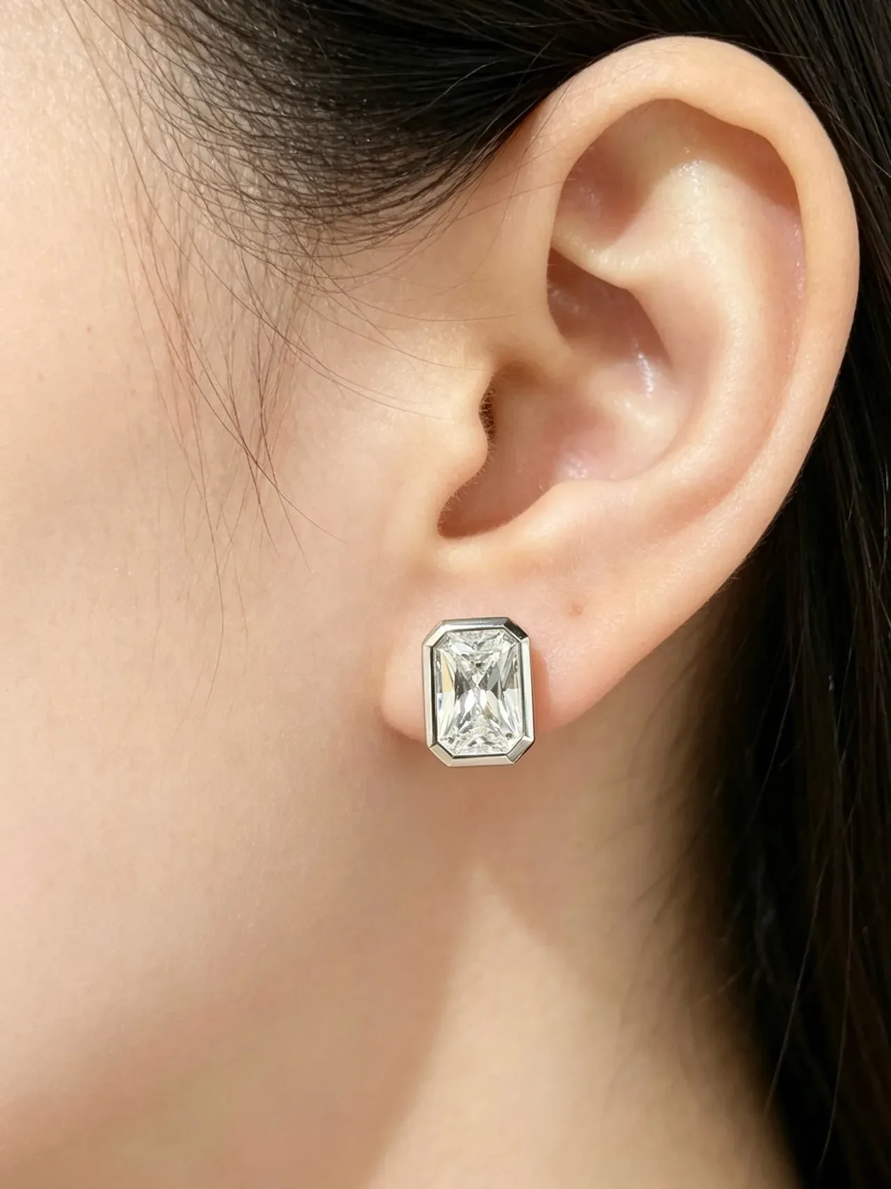 Navy Silver Rectangular Emerald-Cut Stones Bezel-Set Earrings 2