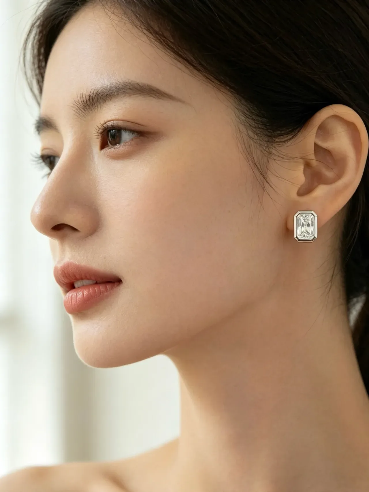 Navy Silver Rectangular Emerald-Cut Stones Bezel-Set Earrings 3