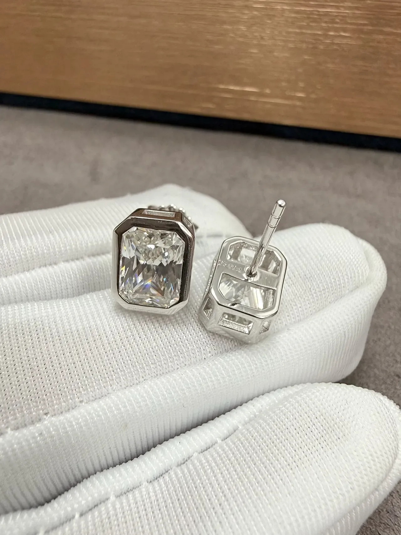 Navy Silver Rectangular Emerald-Cut Stones Bezel-Set Earrings 8