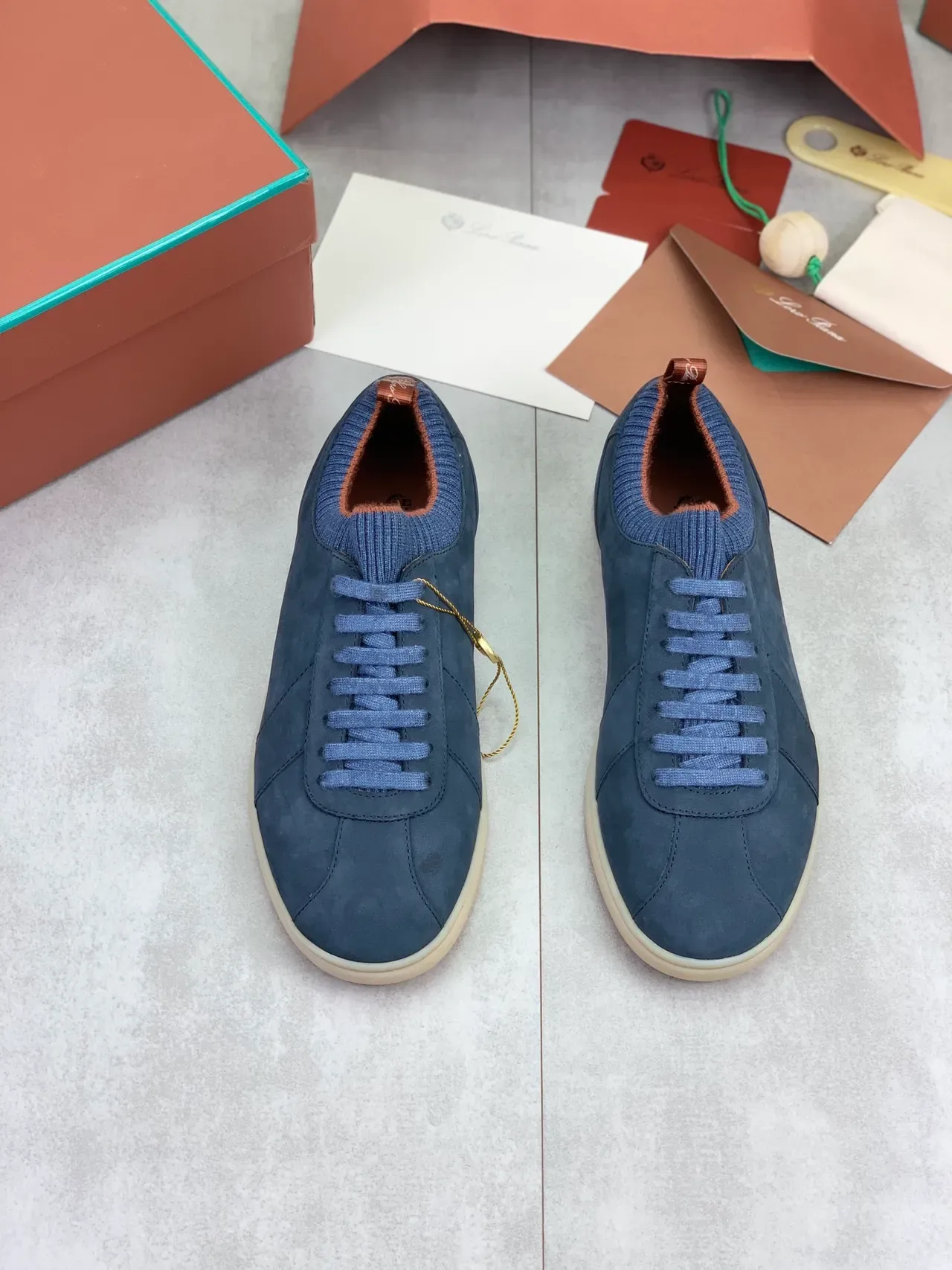 Navy Suede Knit-Collar Low-Top Sneakers 4