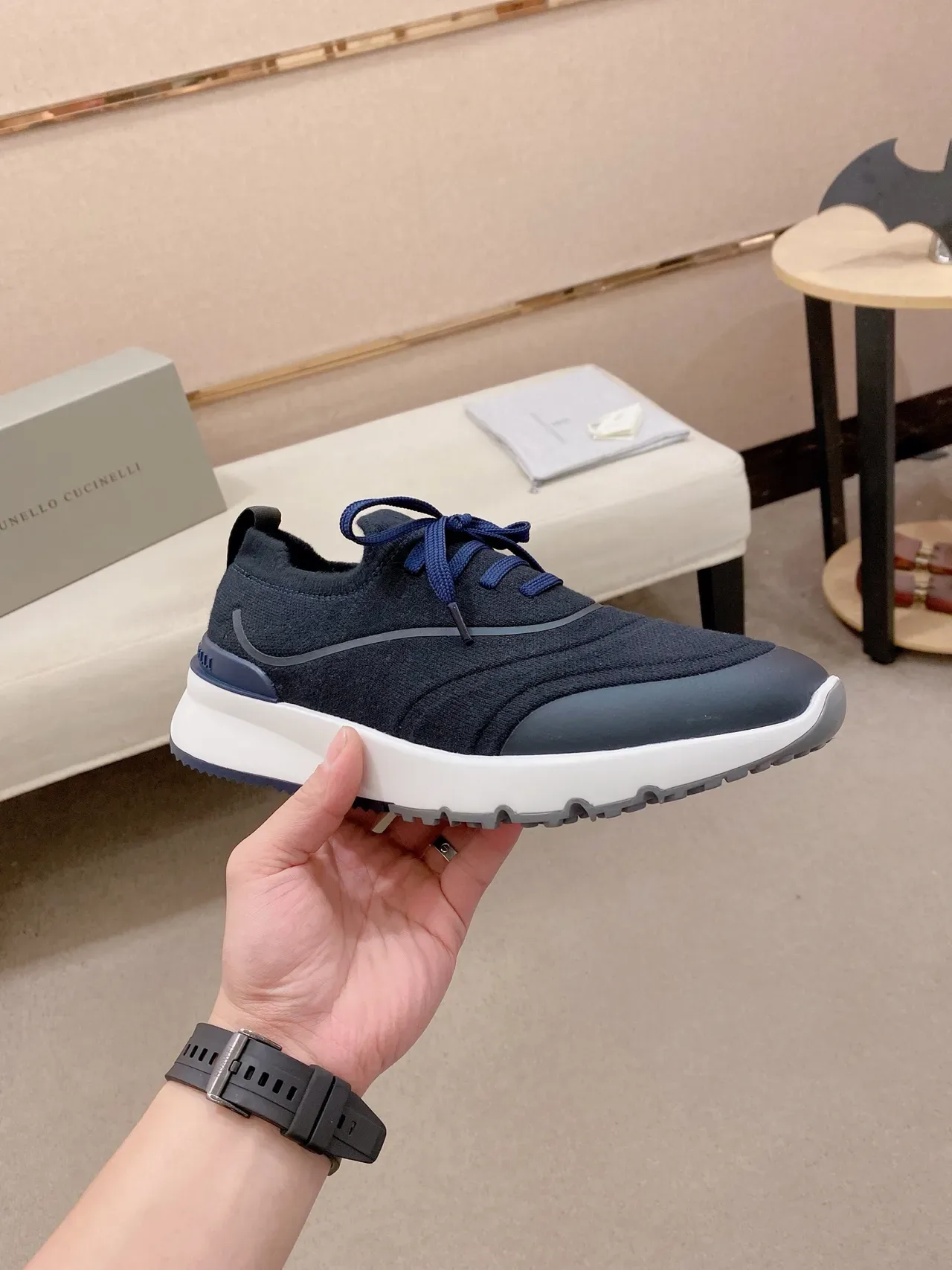 Navy White Knit Upper Sculpted Midsole Sneakers 5
