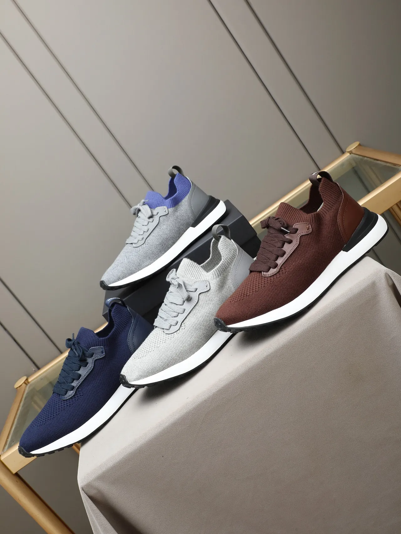 Navy White Knit Upper Sock-Fit Collar Sneakers 2