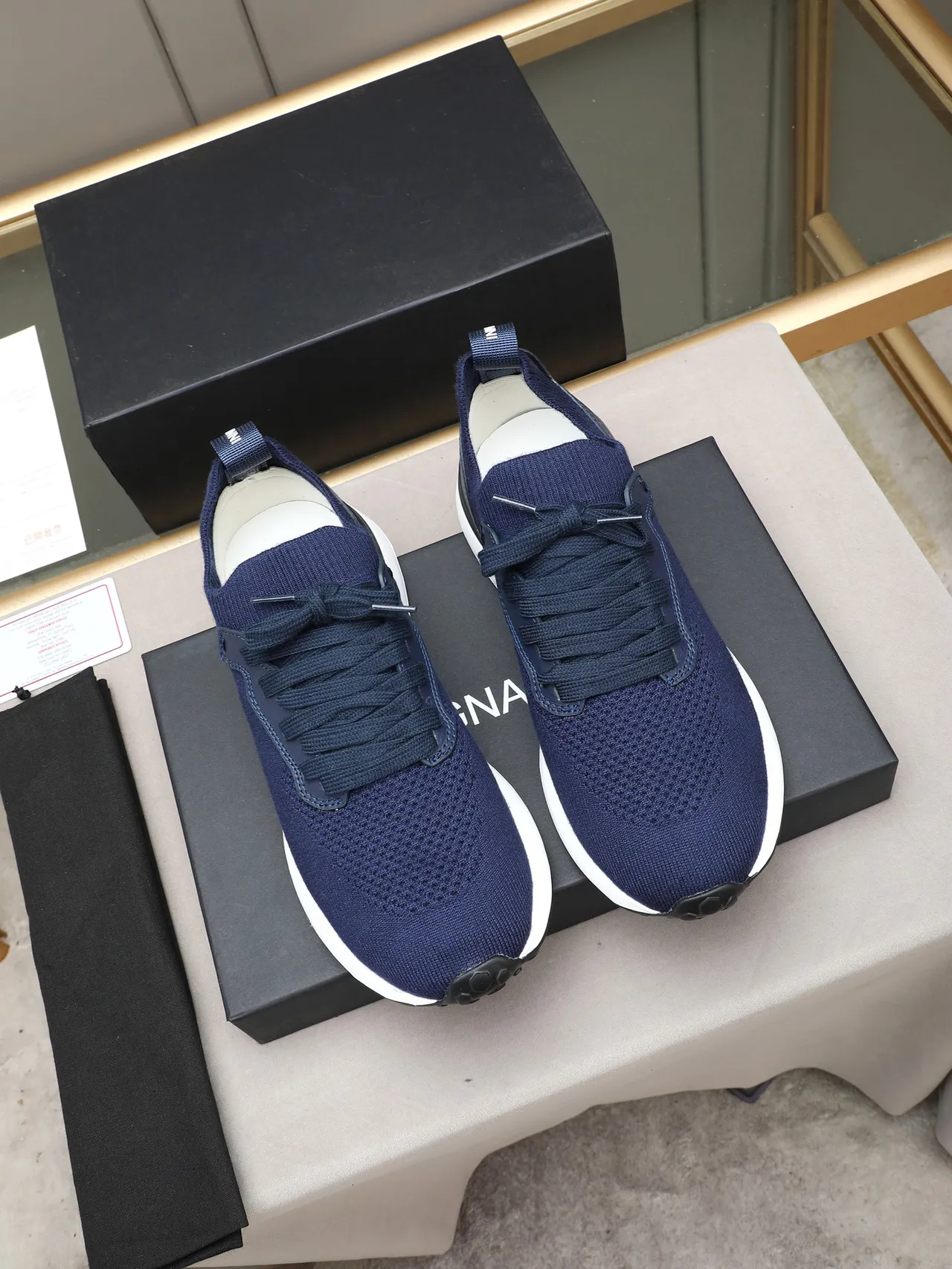 Navy White Knit Upper Sock-Fit Collar Sneakers 3