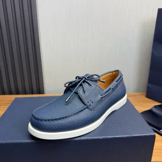 Navy White Pebbled Leather Moc-Toe Stitching Boat Shoes