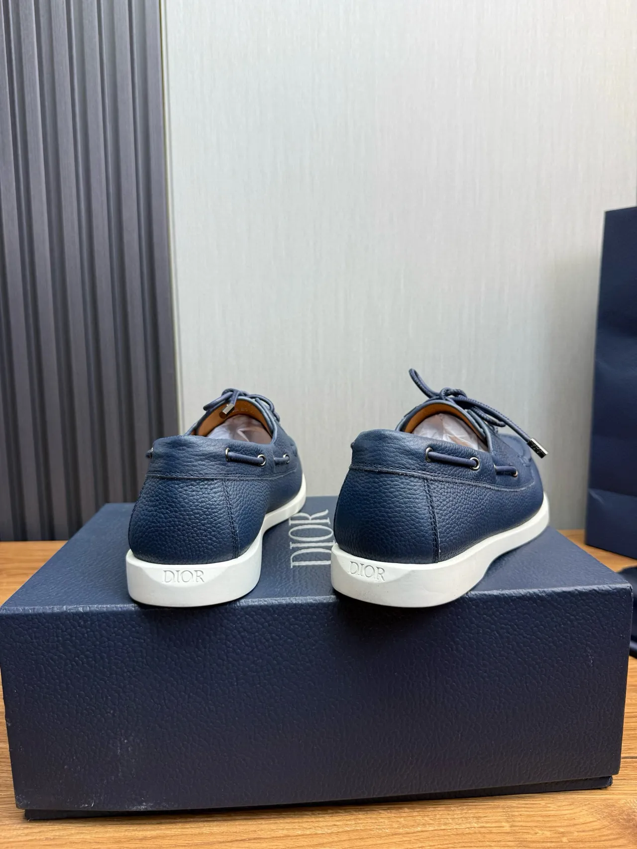 Navy White Pebbled Leather Moc-Toe Stitching Boat Shoes 5