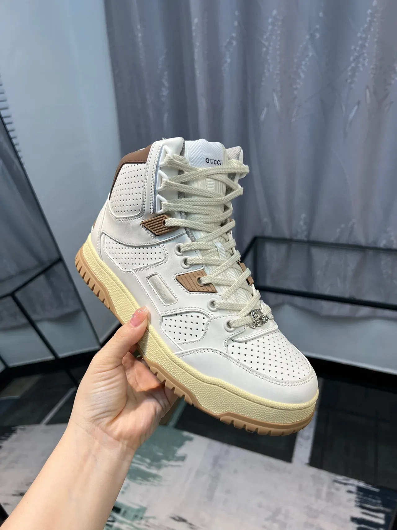 Off-White Cream and Tan Perforated High-Top Lifestyle Sneaker 7