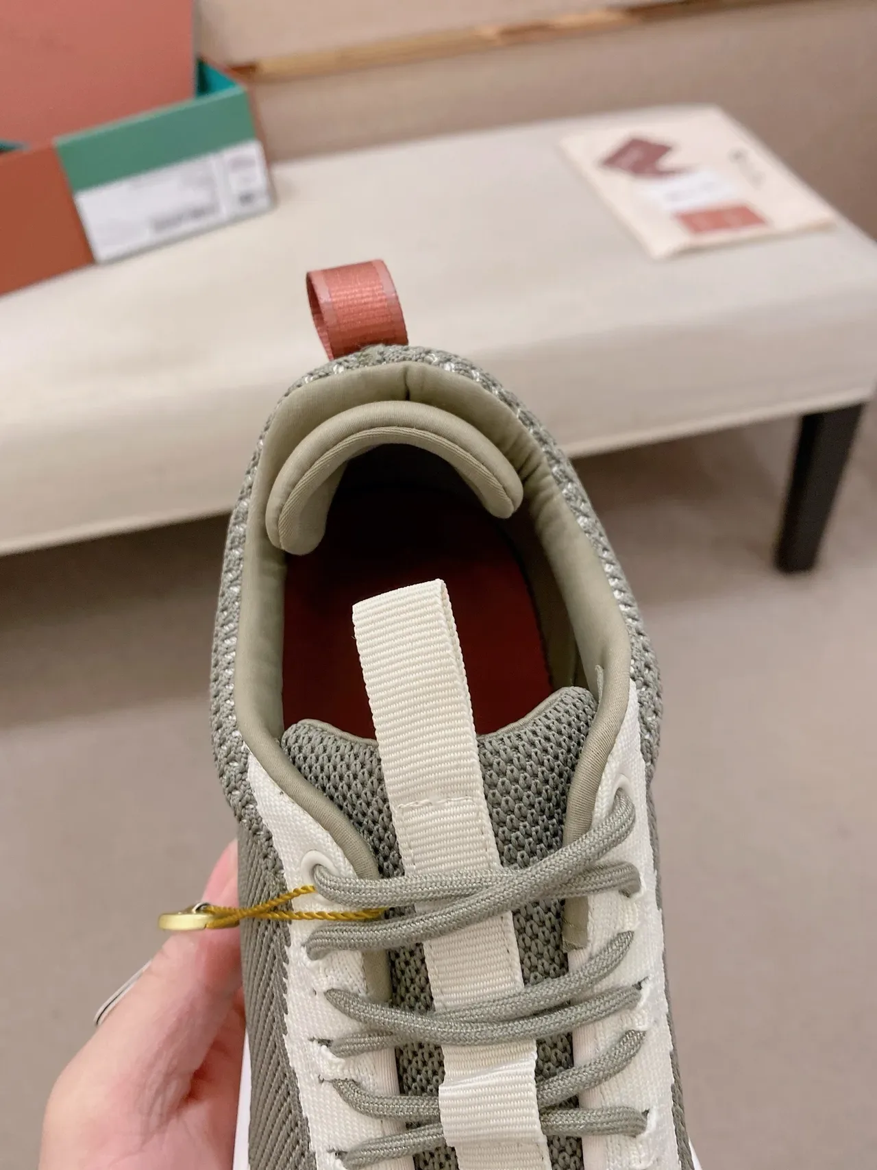Olive Gray and Off-White Knit-Mesh Lifestyle Sneaker 4