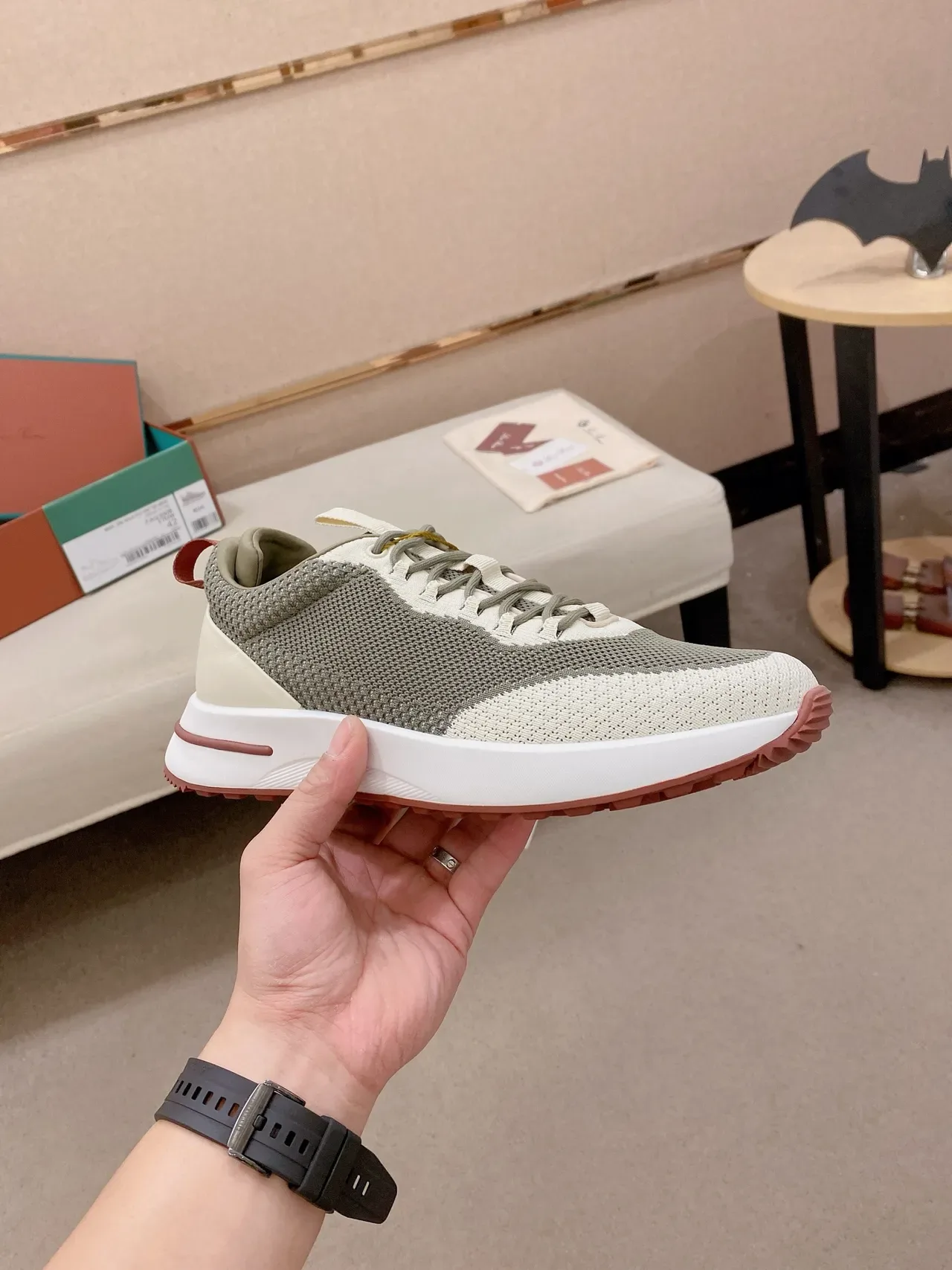 Olive Gray and Off-White Knit-Mesh Lifestyle Sneaker 5