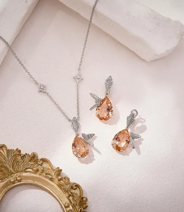 Orange Silver Pear-Shaped Faceted Gemstone Art Deco-Inspired Diamond Pavé Setting Necklace 4