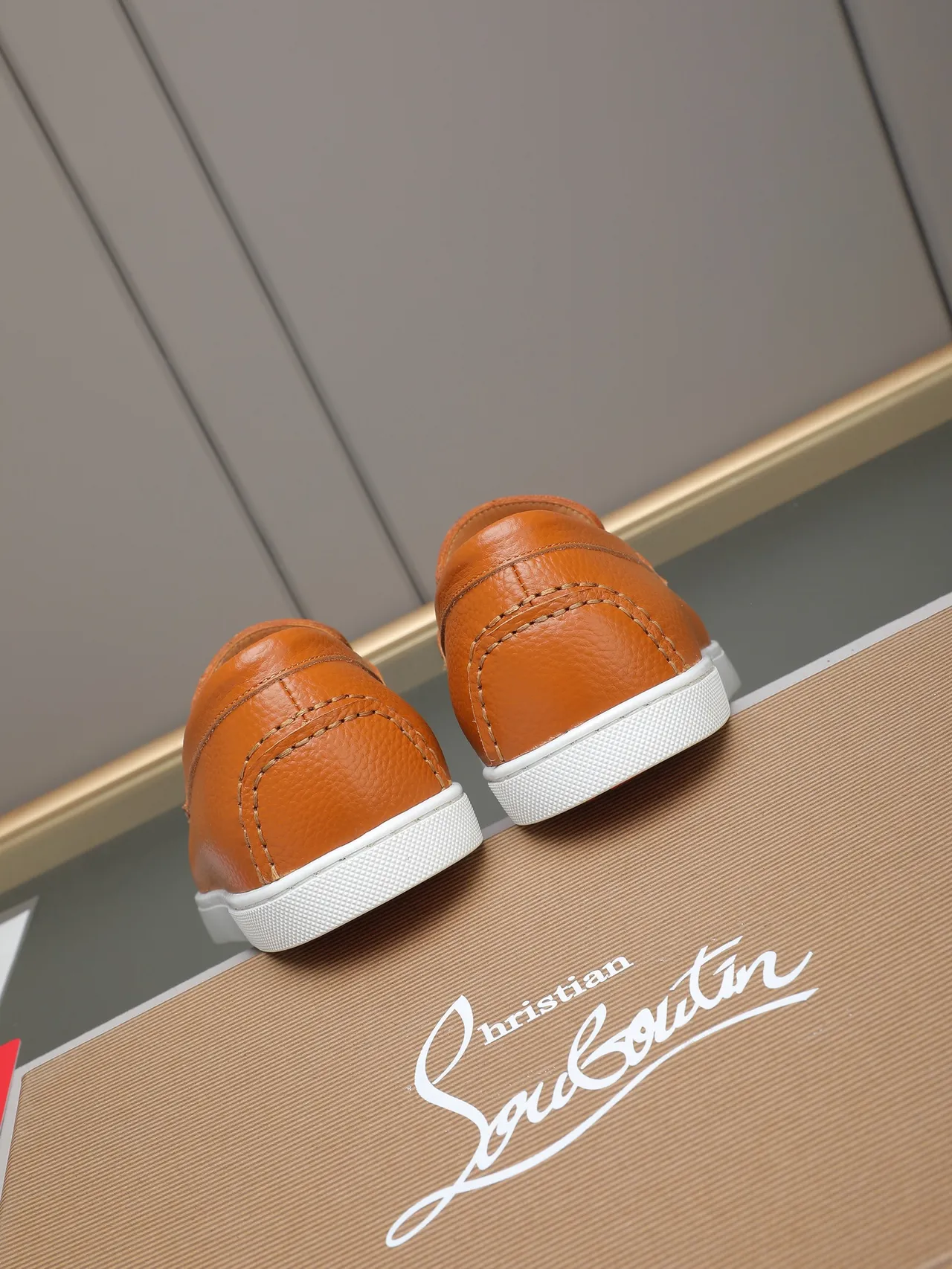 Orange White Pebbled Leather Metal Stud Accent Loafer 3