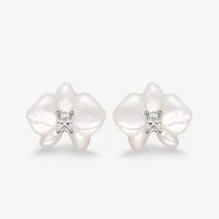 Orchid-Shaped Baroque Pearl and Princess-Cut Diamond Stud Earrings