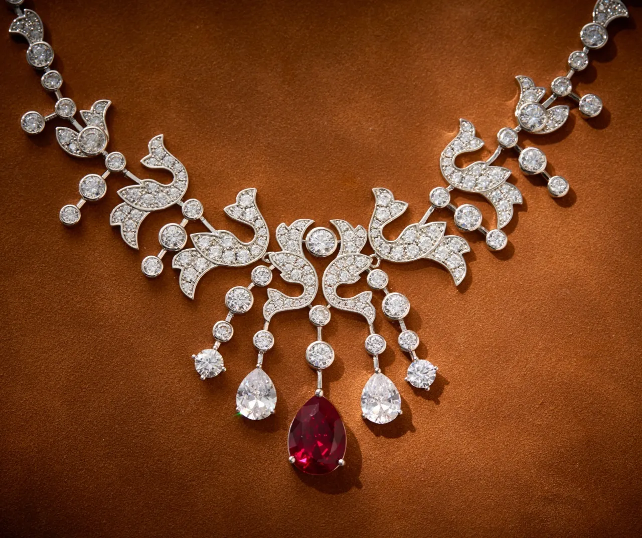 Ornate Bird Motif Pavé Diamond and Red Gemstone Pendant Necklace 7