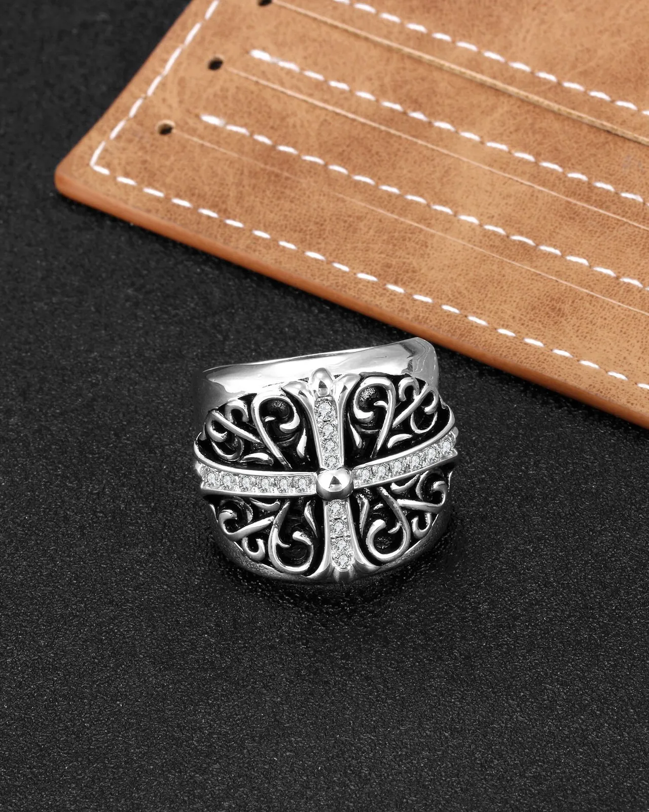 Ornate Filigree Cross Motif Silver-Tone Rings 5