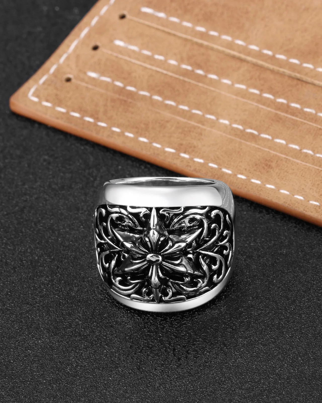 Ornate Filigree Cross Motif Silver-Tone Rings 6
