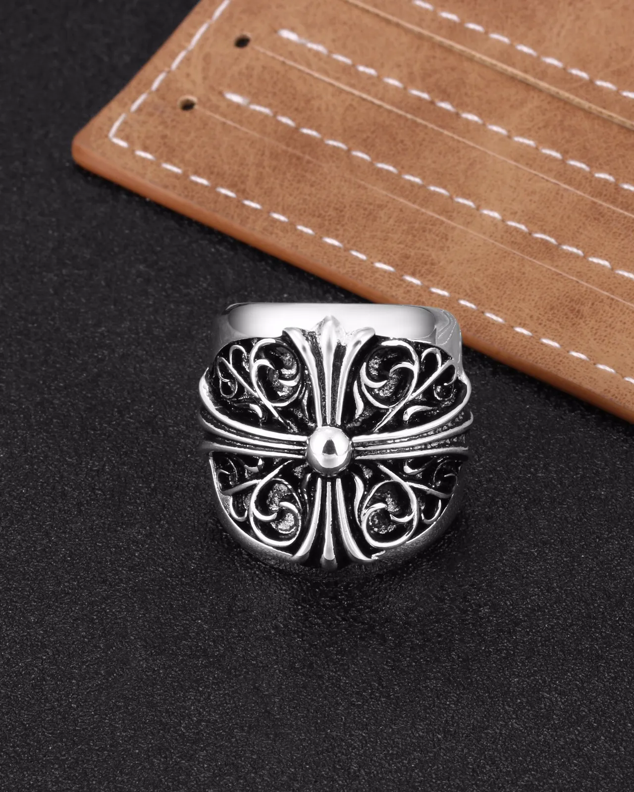 Ornate Filigree Cross Motif Silver-Tone Rings 7