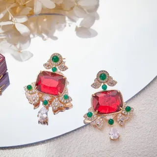 Ornate Red and Green Gemstone Drop Earrings