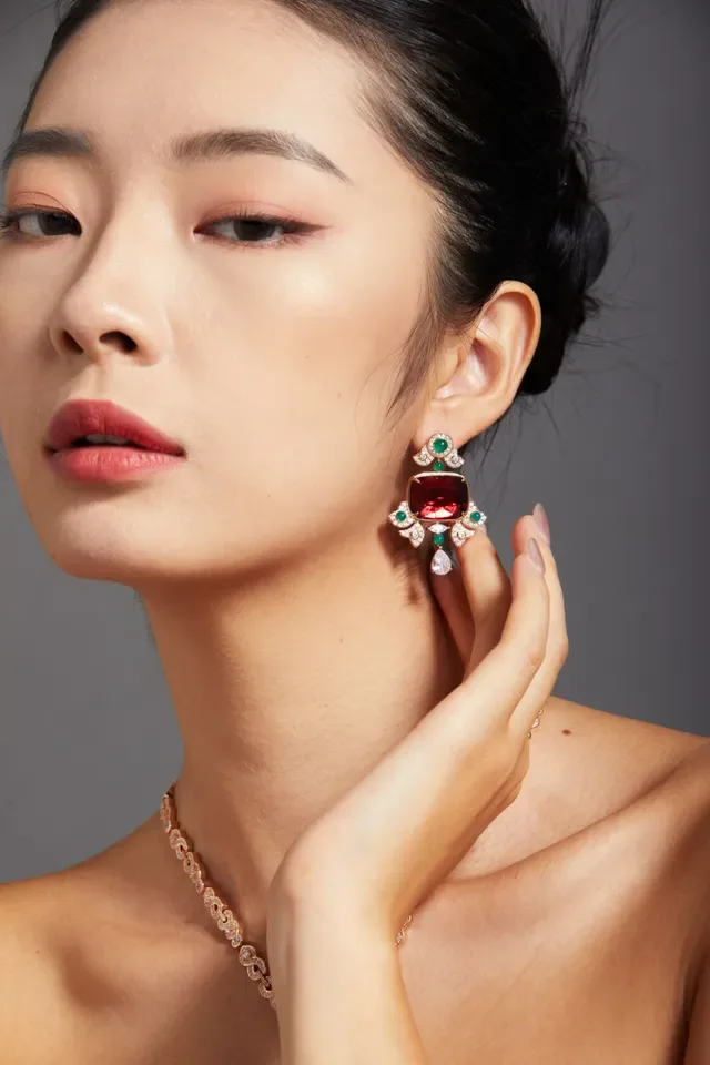 Ornate Red and Green Gemstone Drop Earrings 4