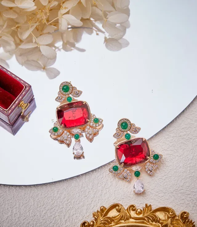 Ornate Red and Green Gemstone Drop Earrings 5