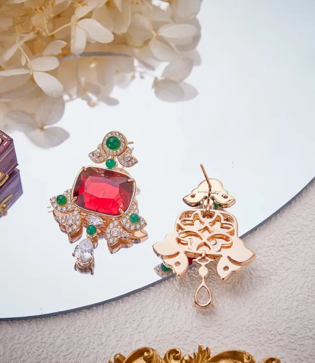 Ornate Red and Green Gemstone Drop Earrings 6