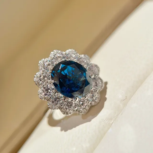 Oval Blue Gemstone Floral Halo Ring 2