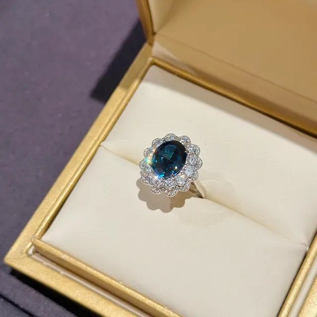 Oval Blue Gemstone Floral Halo Ring 3