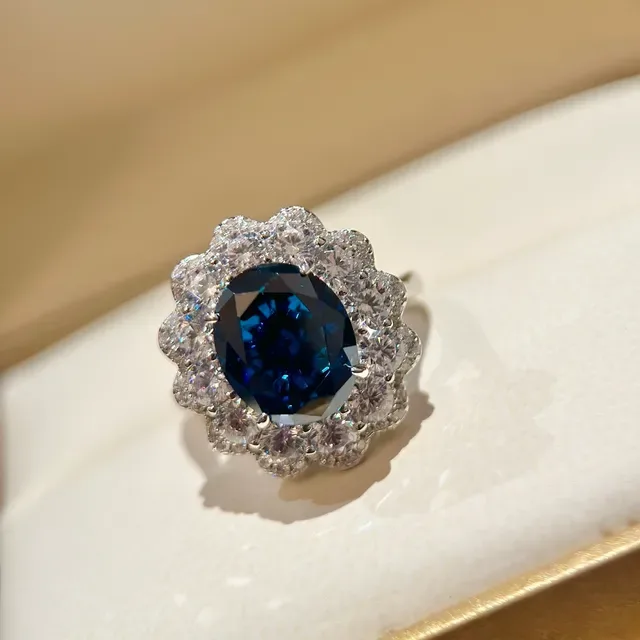 Oval Blue Gemstone Floral Halo Ring 6