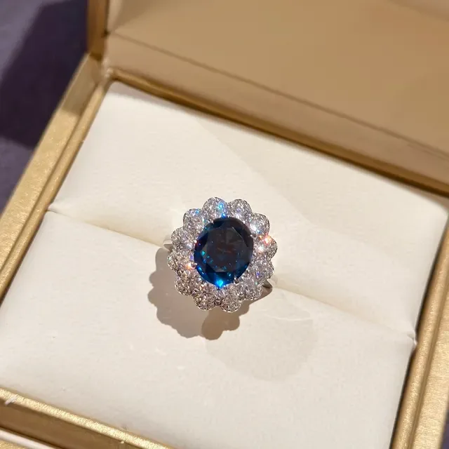 Oval Blue Gemstone Floral Halo Ring 7