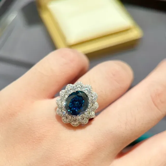 Oval Blue Gemstone Floral Halo Ring 9