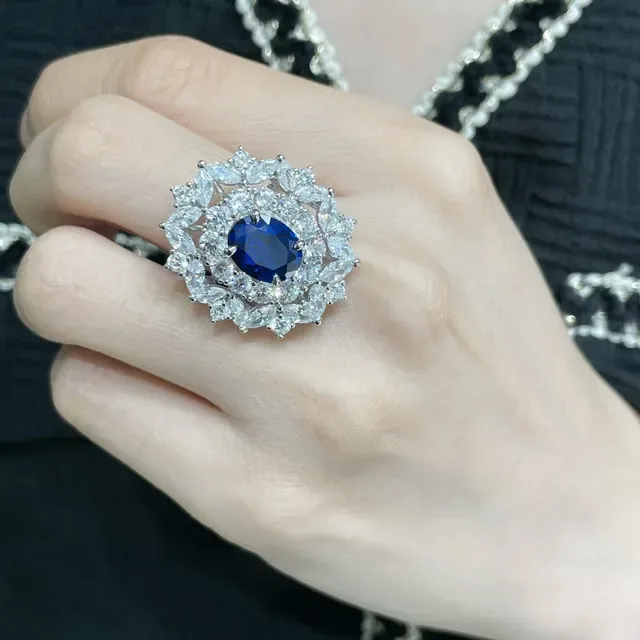 Oval Blue Sapphire Halo Leaf-Motif Cluster Ring 8