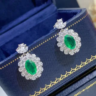 Oval Green Gemstone Halo Drop Earrings