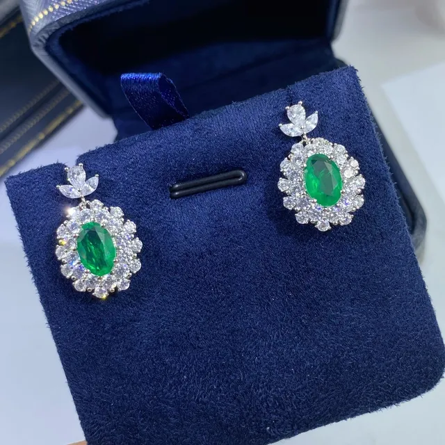Oval Green Gemstone Halo Drop Earrings 2