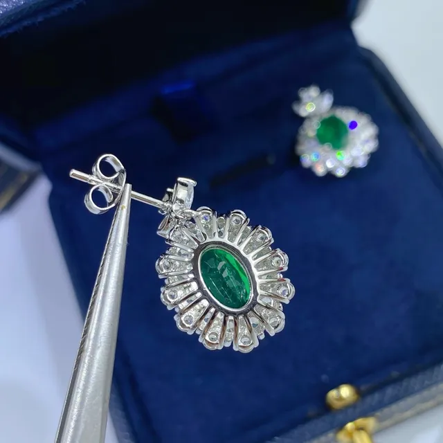 Oval Green Gemstone Halo Drop Earrings 3